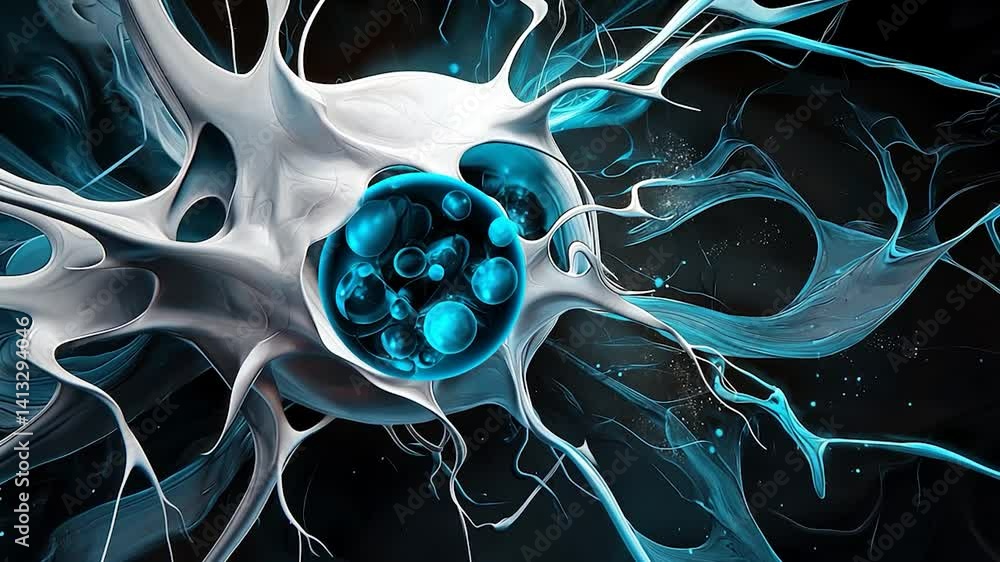 Abstract representation of a blue and white organic structure, showcasing fluid dynamics in a dark background