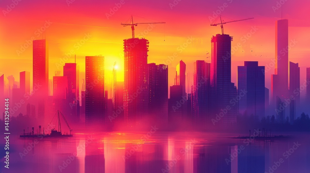 Fototapeta premium Vibrant Sunrise Over City Skyline with Construction and Reflection