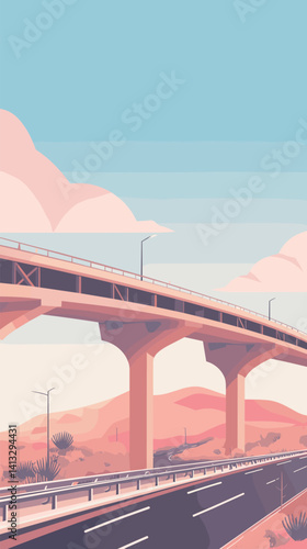 Abstract pink highway overpass in desert with clear blue sky flat vector illustration
