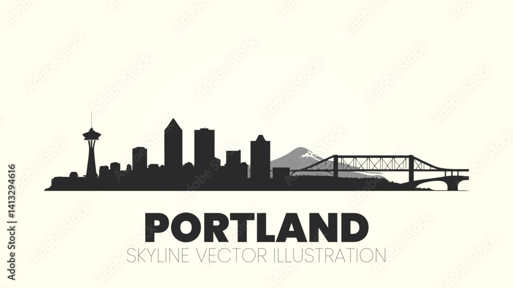 Fototapeta premium Portland skyline silhouette on a white background, showcasing the Big Pink Tower, St. Johns Bridge, and Mount Hood.