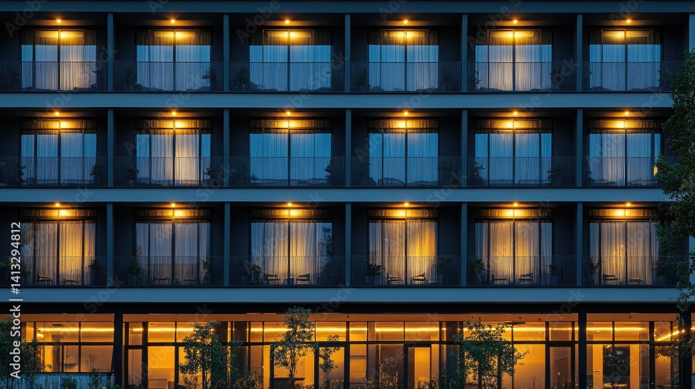 Modern hotel faade with symmetrical balconies and bright windows during golden hour Modern hotel faade with symmetrical balconies and bright windows during golden hour