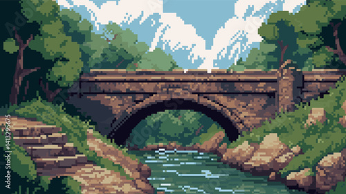 Pixel art stone bridge over serene river in lush forest landscape flat vector illustration