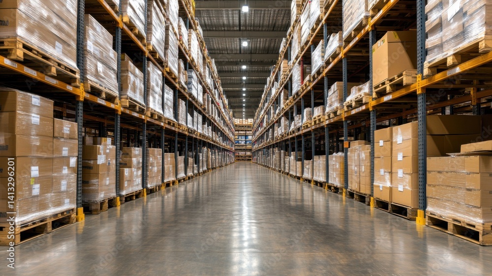Warehouse Aisle with Pallets and Boxes in a Distribution Center Facility