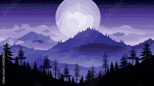 Mystical night mountain landscape under full moon with starry sky and silhouetted pines flat vector illustration
