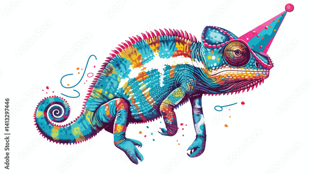 Funky Chameleon Party: Hand-Drawn Vector Illustration of a Festive Reptile in a Birthday Hat, Funky Chameleon Party: Hand-Drawn Vector Illustration of a Festive Reptile in a Birthday Hat,