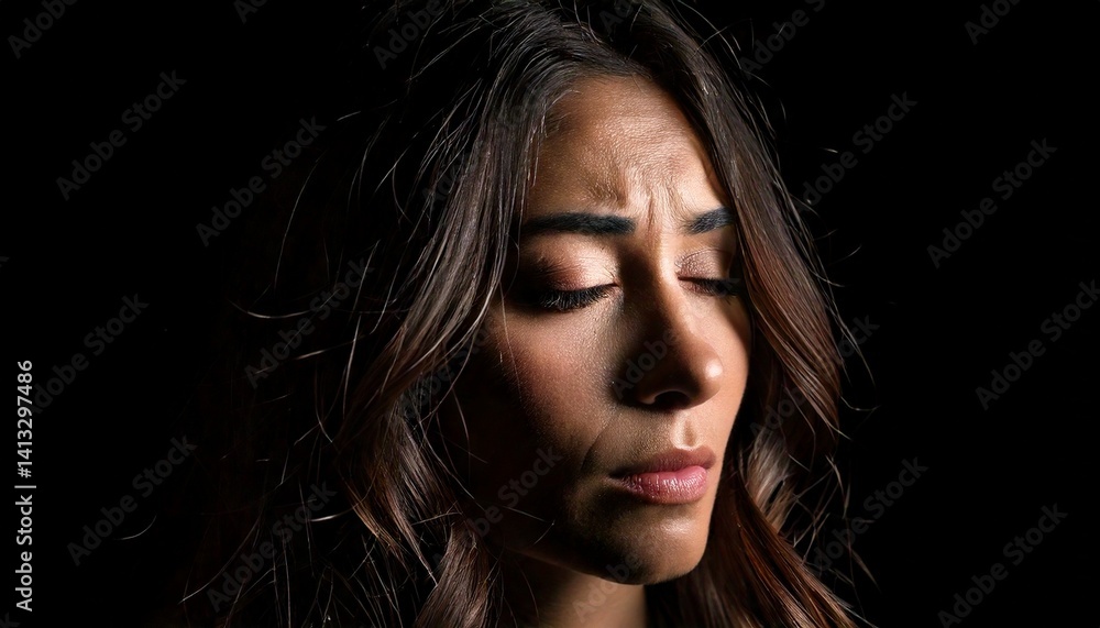 a woman’s face partially lit from the side with an expression of worry or fear isolated on black background a woman’s face partially lit from the side with an expression of worry or fear isolated on black background