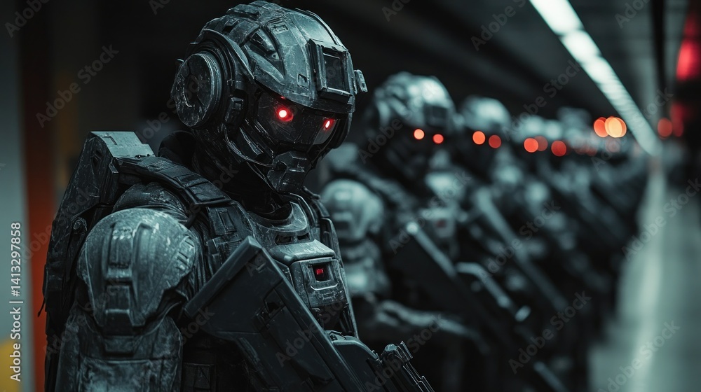 Futuristic Soldiers in Dark Corridor: A Sci-Fi Military Image