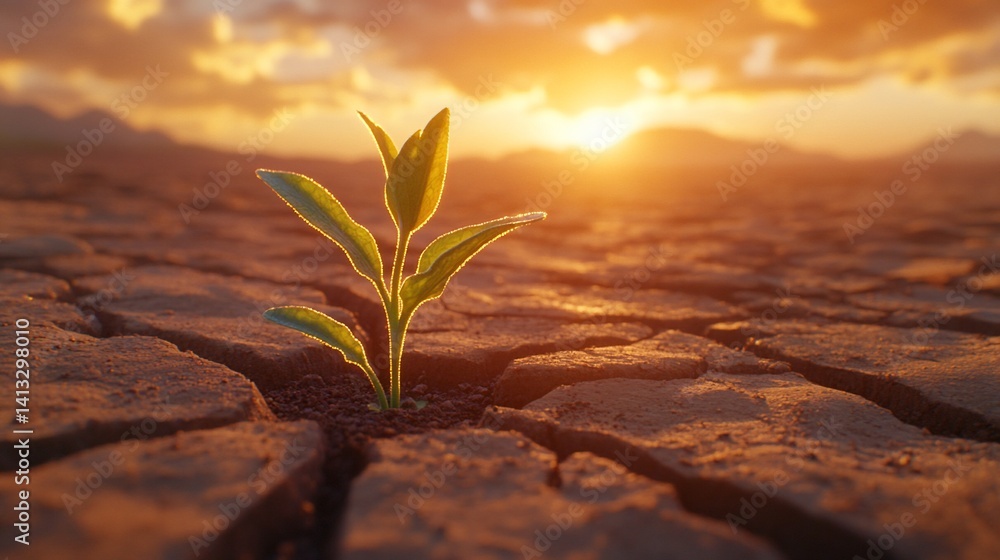 Sprout grows through cracked desert ground. Sunset, mountains, bright sky Sprout grows through cracked desert ground. Sunset, mountains, bright sky