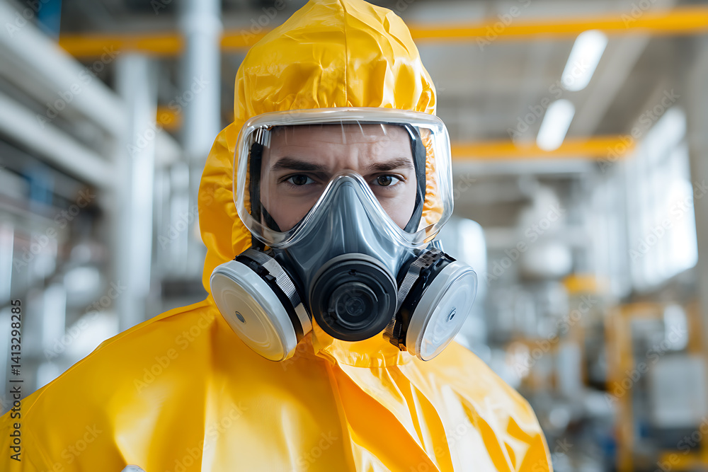 Protective Gear: Worker in Hazmat Suit & Mask. Safety first! Equipped for hazardous environments, ensuring security & compliance. Critical for industrial health. Protective Gear: Worker in Hazmat Suit & Mask. Safety first! Equipped for hazardous environments, ensuring security & compliance. Critical for industrial health.