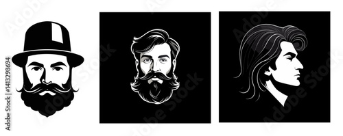brutal man vector illustration with stylish beard and hair on black background