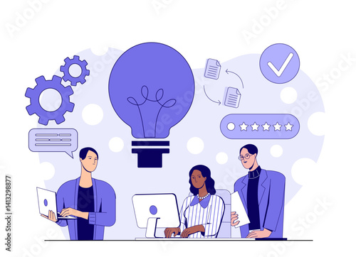 Group of people collaborating with laptops and computer, surrounded by icons of ideas, gears, documents, and reviews on abstract background. Vector illustration