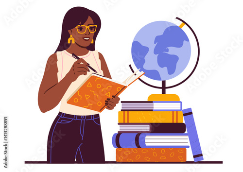 Woman with glasses writing in a notebook beside a stack of books and a globe, flat graphic style on white background. Concept of education and geography. Vector illustration