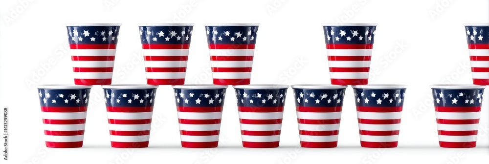 Fototapeta premium Patriotic Party Cups - Stack of American flag themed party cups, perfect for Independence Day celebrations