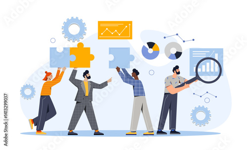 Group of diverse people assembling puzzle pieces and analyzing graphs and charts on abstract background, symbolizing teamwork, strategy, and data analysis. Vector illustration