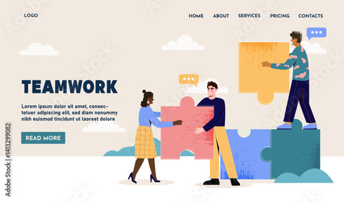 Group of diverse people assembling colorful puzzle pieces together, flat graphic style on light background. Concept of collaboration and teamwork. Vector illustration