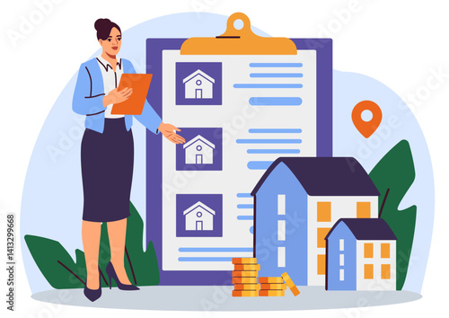 Female real estate agent holding a clipboard and presenting a list of properties, with houses and coins in front, on a white background. Concept of real estate market. Vector illustration