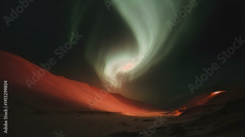 Northern lights swirl above a surreal red desert valley under a dark starry sky, evoking a mystical and otherworldly atmosphere.