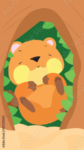 Cute cartoon hamster sleeping in tree hollow surrounded by leaves flat vector illustration