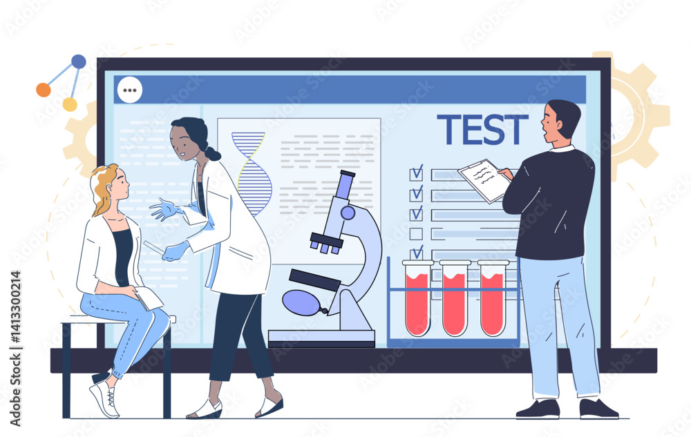 Medical professionals and patient interacting in lab environment with microscope, test tubes, and checklist on digital screen. Flat cartoon vector illustration Medical professionals and patient interacting in lab environment with microscope, test tubes, and checklist on digital screen. Flat cartoon vector illustration
