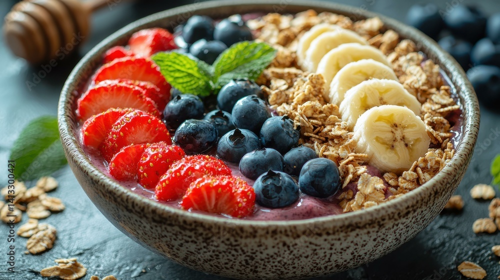 A delicious acai bowl topped with fresh fruits like strawberries, blueberries, banana slices, granola and mint A delicious acai bowl topped with fresh fruits like strawberries, blueberries, banana slices, granola and mint