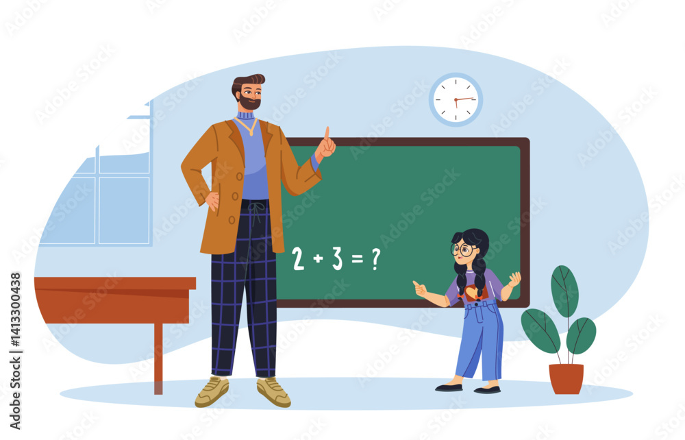 Fototapeta premium A teacher and student standing near a chalkboard with a simple math problem in a classroom setting, flat graphic style, light blue background. Concept of education. Vector illustration