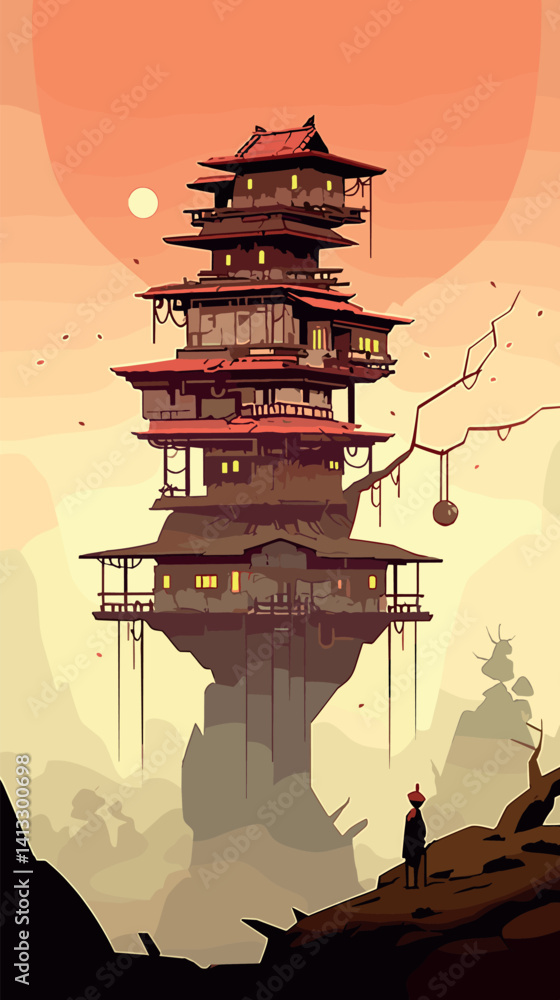Fototapeta premium Asian-inspired floating fortress: traditional pagoda with rising sun and lone figure silhouette flat vector illustration
