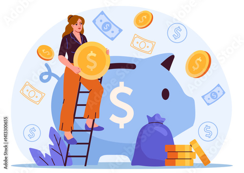 Woman holding a coin stands on ladder inserting it into a large blue piggy bank, with flying money symbols around on a light background. Concept of saving money. Vector illustration