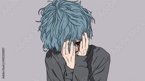 Sad young male character with blue hair covering face in emotion flat vector illustration