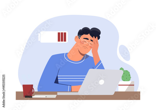 Exhausted man sits at desk with hand on head, working on laptop, low battery icon above, flat style, blue background, concept of burnout. Vector illustration
