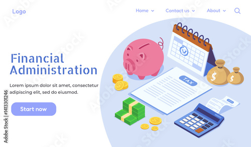 Piggy bank, coins, tax document, calendar, money, and calculator in isometric style on light background. Concept of finance management. Vector illustration