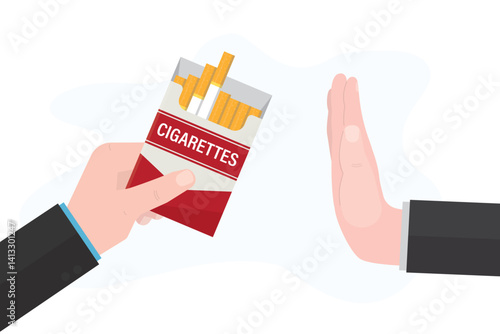 Seller hand offers cigarette pack, other hand shows gesture of refusal. Customer rejecting tobacco offered. Bad addiction, unhealthy habit. Quit smoking, healthy lifestyle