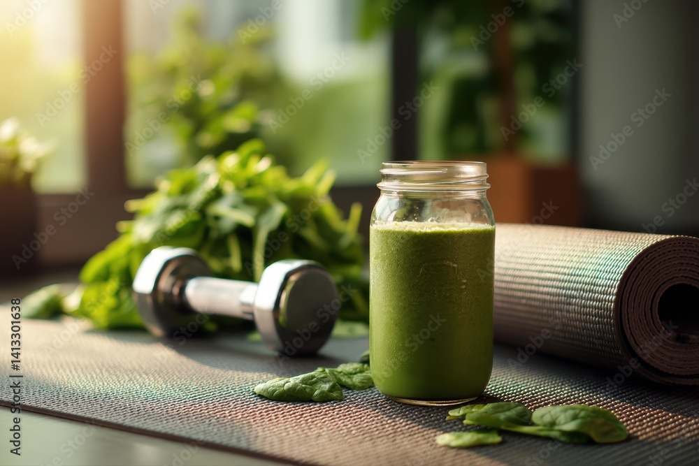 Healthy Morning Fitness Routine with Green Smoothie and Yoga Essentials