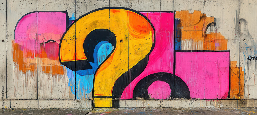 Vibrant Graffiti Question Marks on Urban Concrete Wall for Creative Design