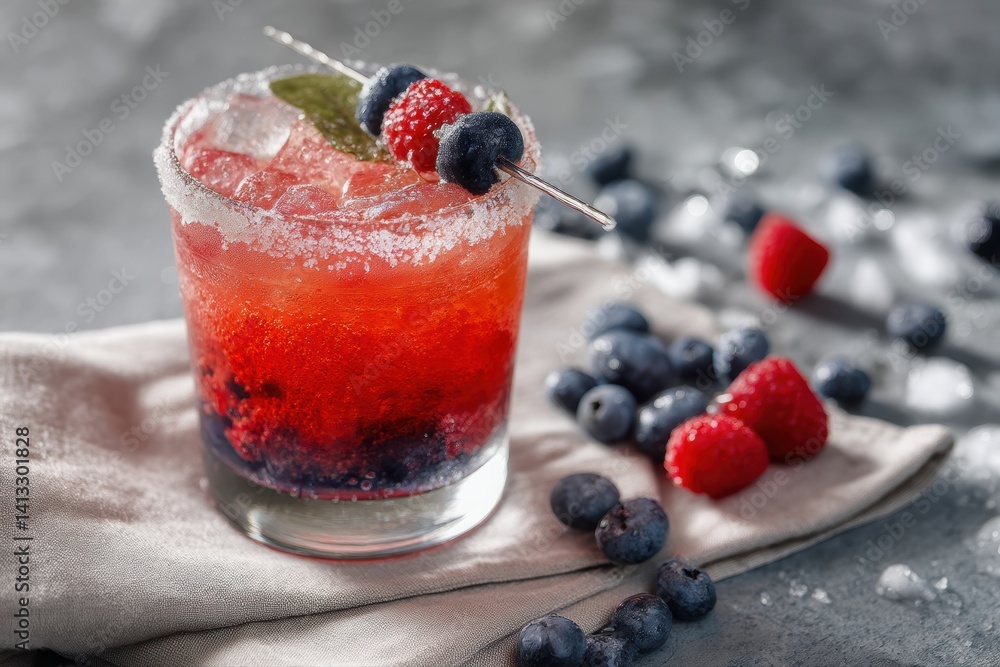 Chilled Berry Mocktail with Sugar Rim on Linen Napkin for Refreshing Summer Design