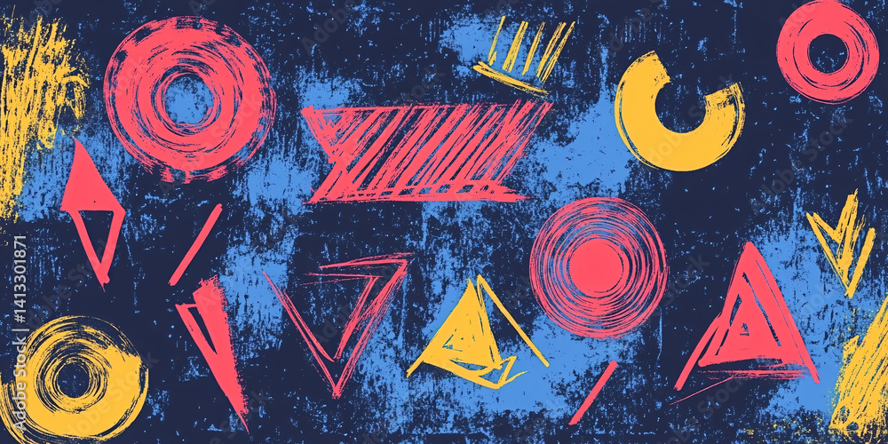 Abstract colorful background in doodle and sloppy strokes style. Hand drawn strokes, dots, lines and shapes. shabby grunge texture. flat. banner for design. dark background