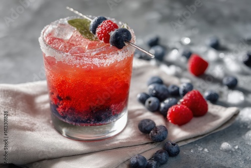 Obraz na płótnie Chilled Berry Mocktail with Sugar Rim on Linen Napkin for Refreshing Summer Design w salonie