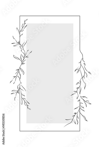 Minimalist rectangular frame decorated with fine line art leaves on a white background, ideal for invitations, cards, or announcements. Vector illustration