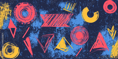 Obraz na płótnie Abstract colorful background in doodle and sloppy strokes style. Hand drawn strokes, dots, lines and shapes. shabby grunge texture. flat. banner for design. dark background w salonie