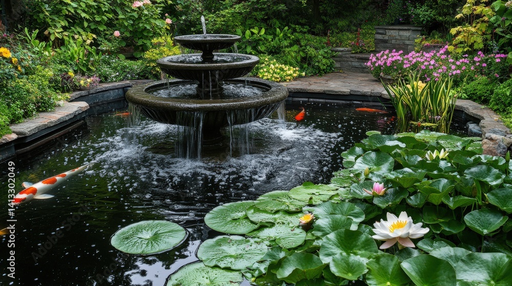 Fototapeta premium A beautiful garden featuring a tiered fountain and a koi pond