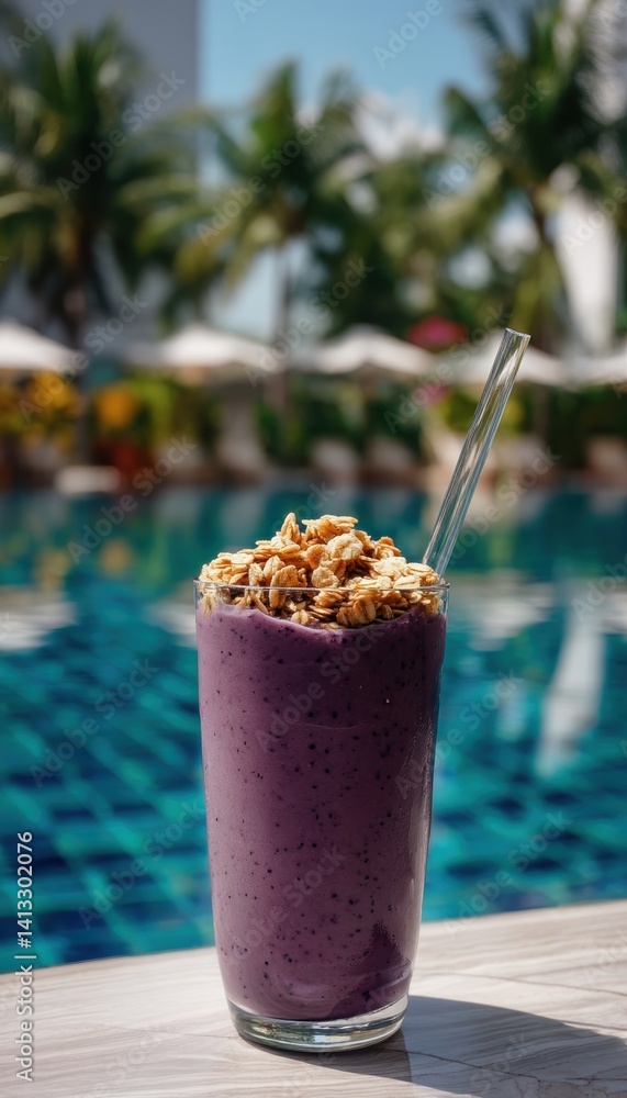 Tropical Vibes: Thick Purple Acai Smoothie with Granola by the Poolside