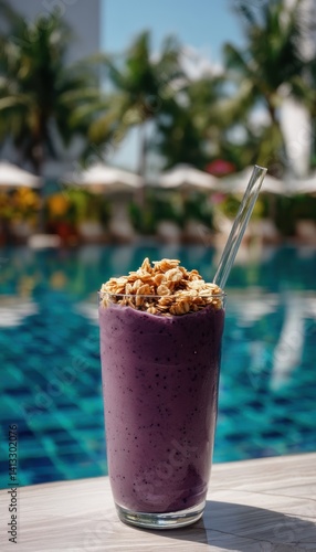 Obraz na płótnie Tropical Vibes: Thick Purple Acai Smoothie with Granola by the Poolside w salonie
