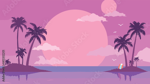 Tropical pink sunset with palm trees and islands under a full moon flat vector illustration