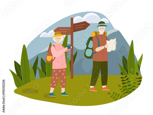 Elderly couple hiking in the mountains, surrounded by greenery, one reading a map and the other holding a camera, flat cartoon style on white background. Vector illustration