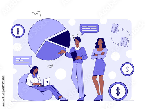 Business team analyzing pie chart data with financial icons, flat graphic style on light polka dot background. Concept of teamwork and finance. Flat cartoon vector illustration