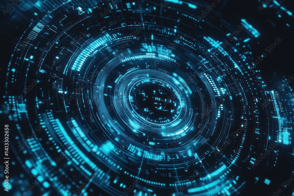 Abstract blue glowing circular technology pattern with digital elements on dark background. Abstract blue glowing circular technology pattern with digital elements on dark background.