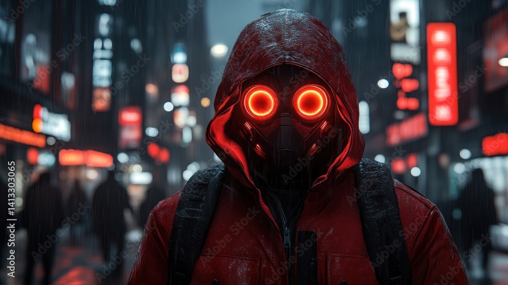 Cyberpunk Rain: Red Glowing Mask in Neon City Cyberpunk Rain: Red Glowing Mask in Neon City