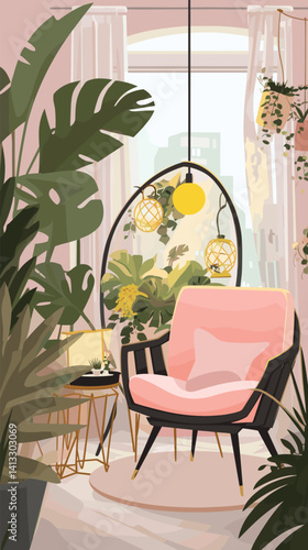 Cozy indoor seating area with pink armchair and green plants by bright window flat vector illustration