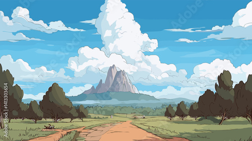Serene countryside landscape with majestic mountain and blue sky flat vector illustration