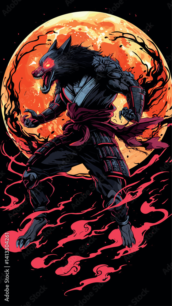Fierce werewolf warrior silhouette against full moon in fiery night sky flat vector illustration Fierce werewolf warrior silhouette against full moon in fiery night sky flat vector illustration