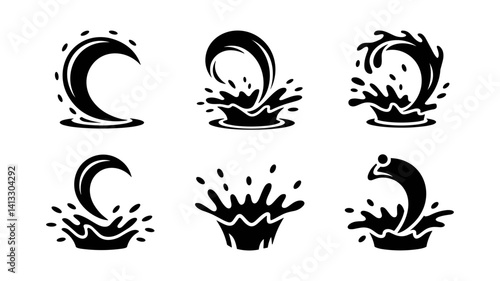 Splashes of Aqua: A collection of six stylized water splashes, each an abstract representation of liquid dynamics, conveying a sense of motion and freshness in a grayscale palette.